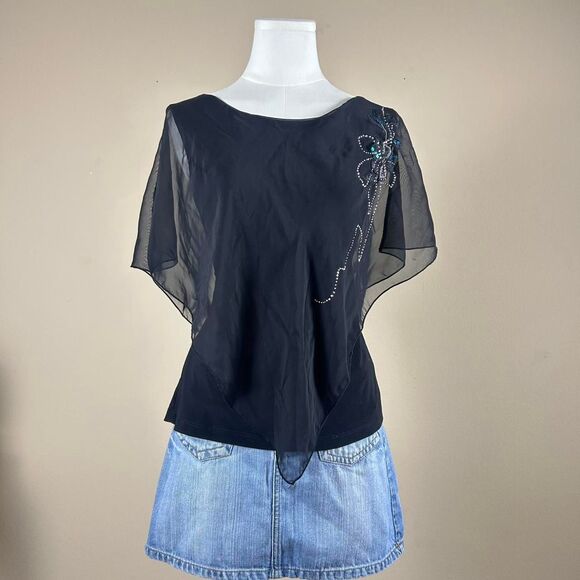Black Rhinestone Fairy Whimsigoth Flowy Silky Blouse - Picture 1 of 4